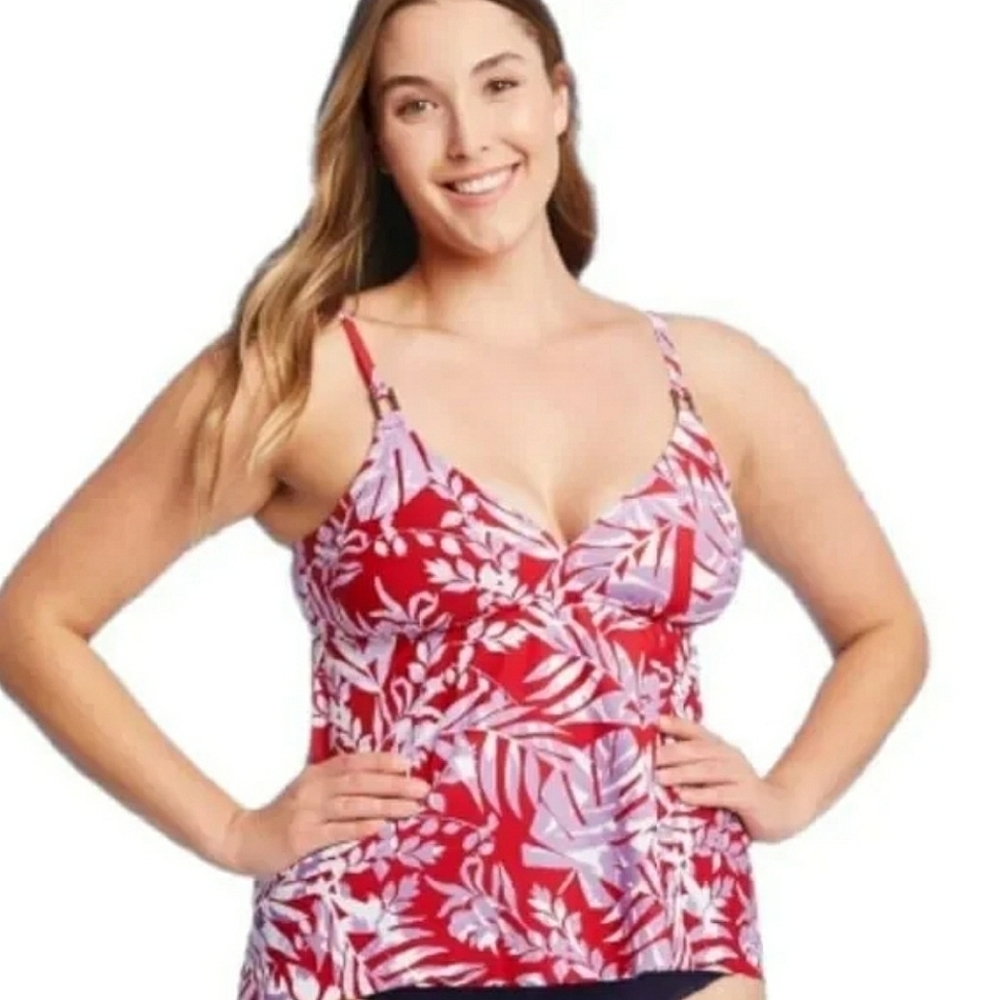 Kona Sol Red and Purple Leaf Print Tankini Size M (8-10) #